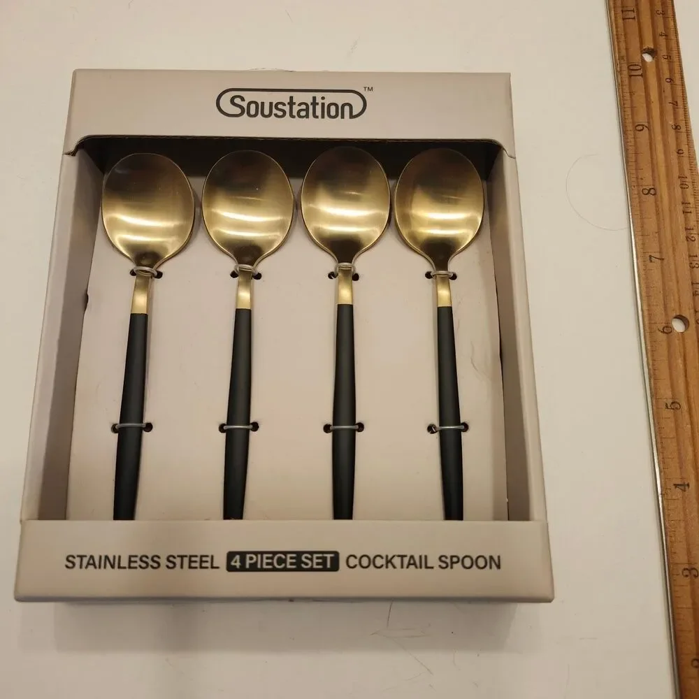Soustation 4-Piece Gold & Black Stainless Steel Cocktail Spoons Set Barware